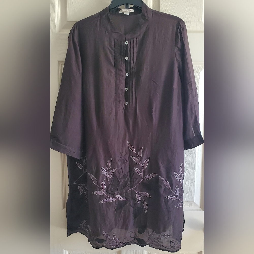COLDWATER CREEK L Brown SILK Blend  Lightweight Dress Metalic Embroidered Hem